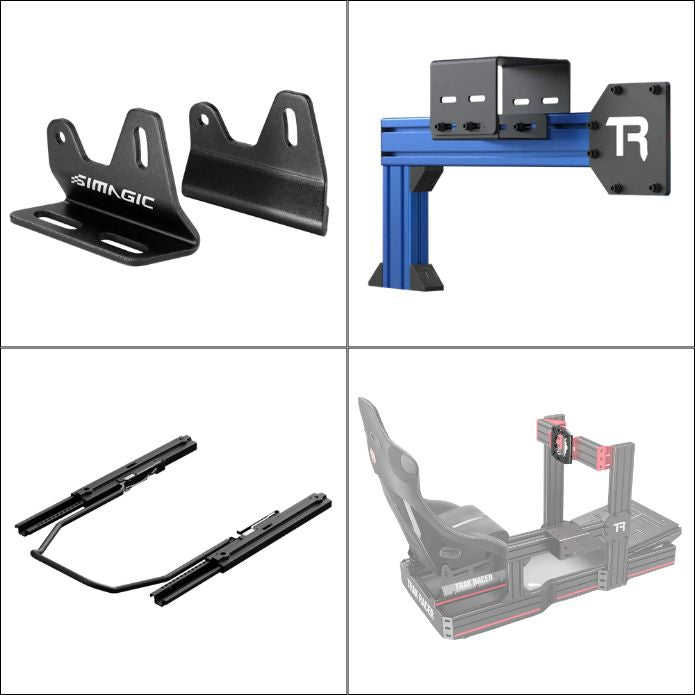 Racing cockpit accessories laid out next to an aluminium sim racing rig frame
