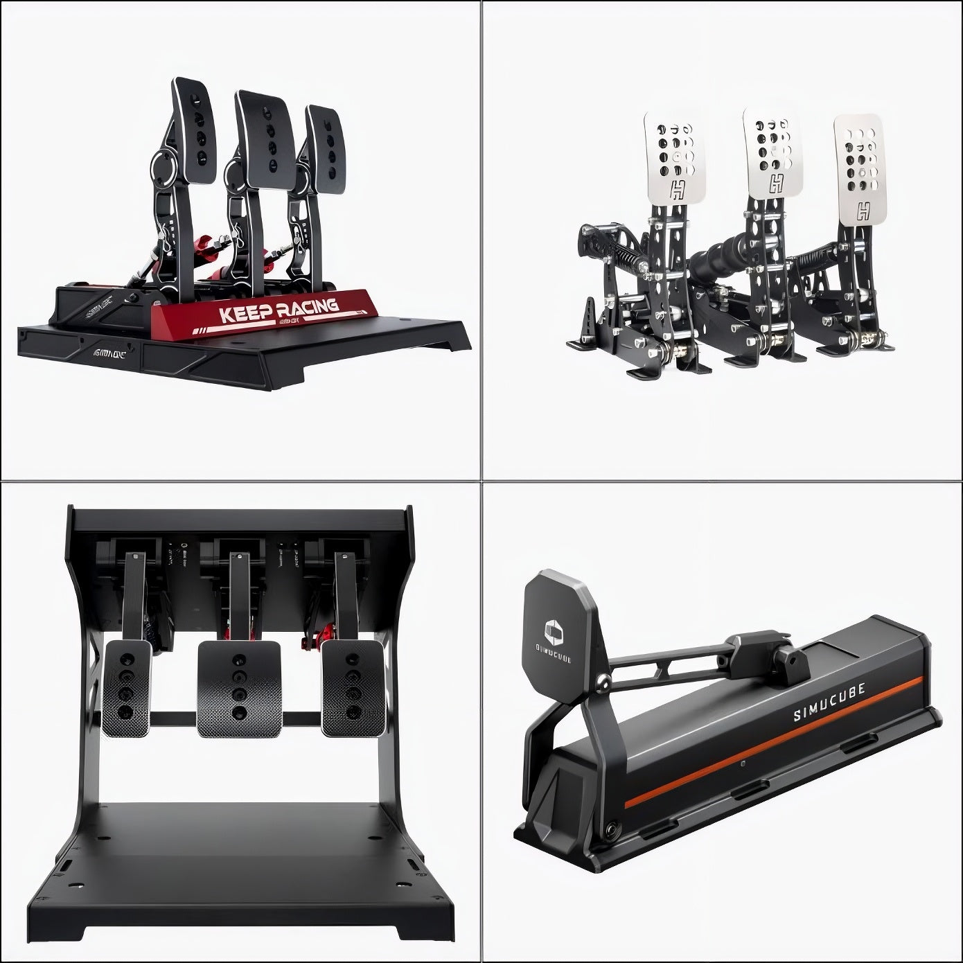 Three-pedal sim racing set mounted on an aluminium cockpit frame