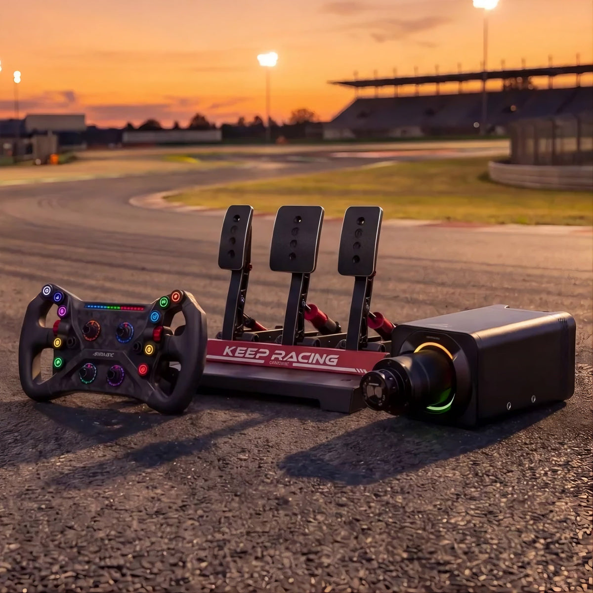 Direct drive wheelbase, racing steering wheel and pedals shown as components of a beginner sim racing bundle