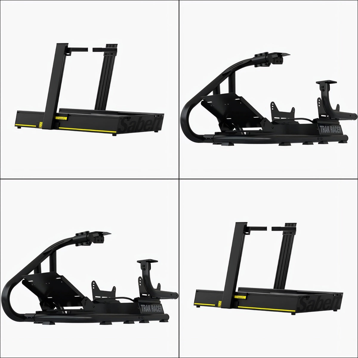 Sim racing cockpit showing rigid wheelbase, pedal and seat mounting