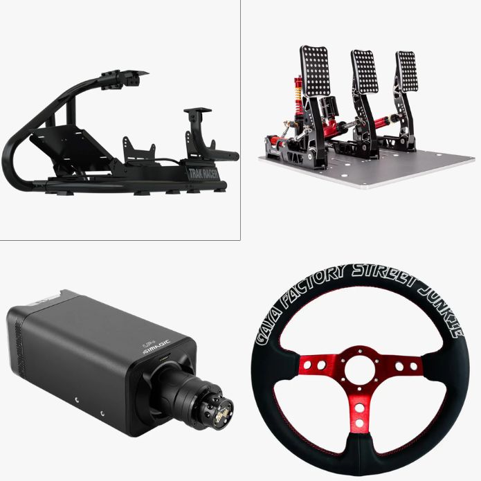 Complete sim racing gear setup showing a direct drive wheelbase, load cell pedals and aluminium cockpit from Apex300