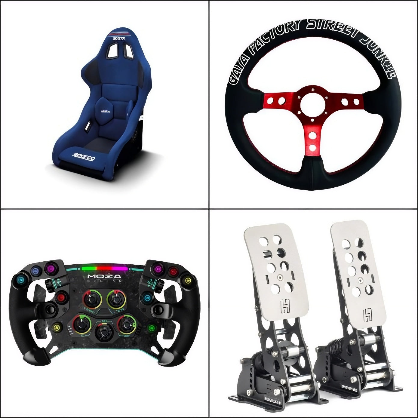 Sim racing cockpit with steering wheel, pedals and racing seat showing different upgrade options for a complete rig.