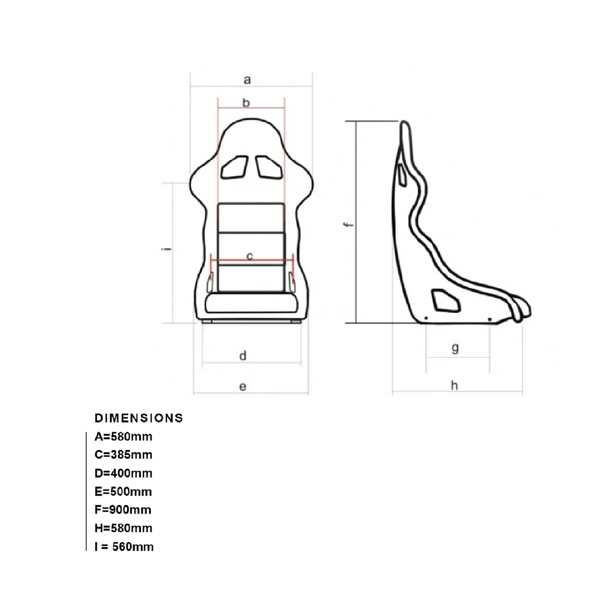 Dimension drawing for the Artisans of Speed C1 Cold Fusion sim racing seat in millimetres