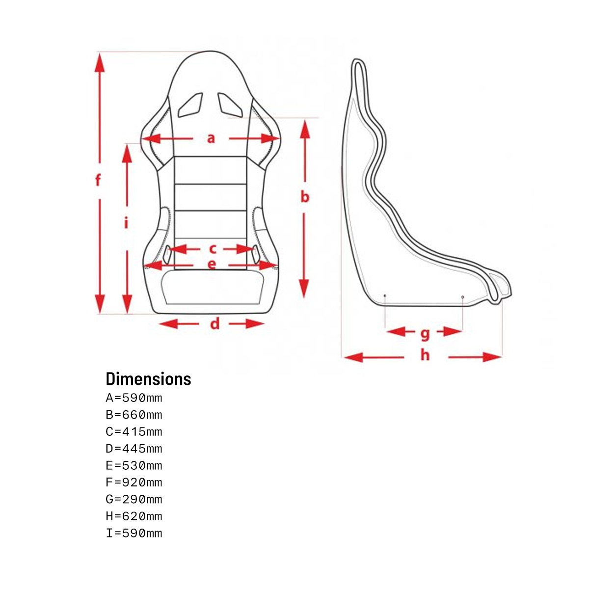 Dimension drawing for the Artisans of Speed C1-XL Cold Fusion sim racing seat in millimetres