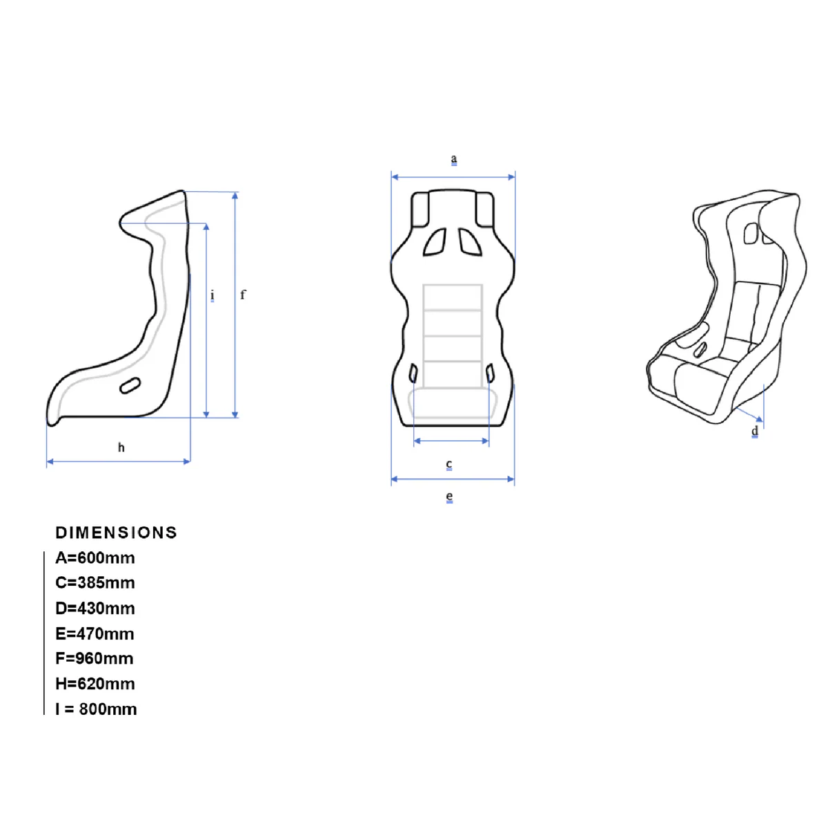 Dimension drawing for the Artisans of Speed C2 Cold Fusion sim racing seat in millimetres