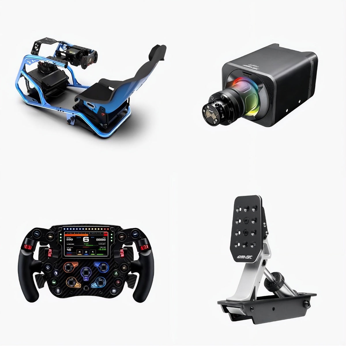 Sim racing setup upgrade guide showing cockpit, pedals, wheelbase and steering wheel