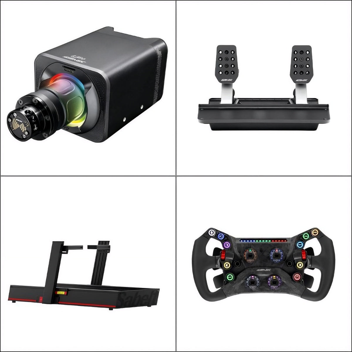  Sim racing wheelbase, steering wheel and pedals arranged for a pre-purchase equipment checklist.