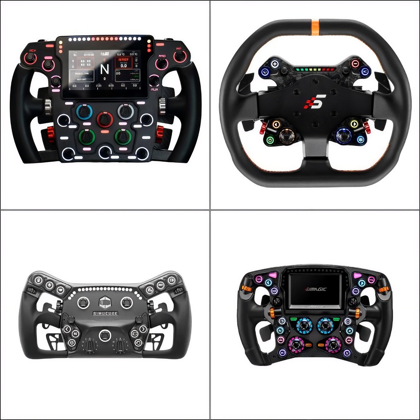 Sim racing steering wheels showing Simagic Zeus formula wheel and Pokornyi Engineering GT wheel from Apex300 for Esuropean drivers
