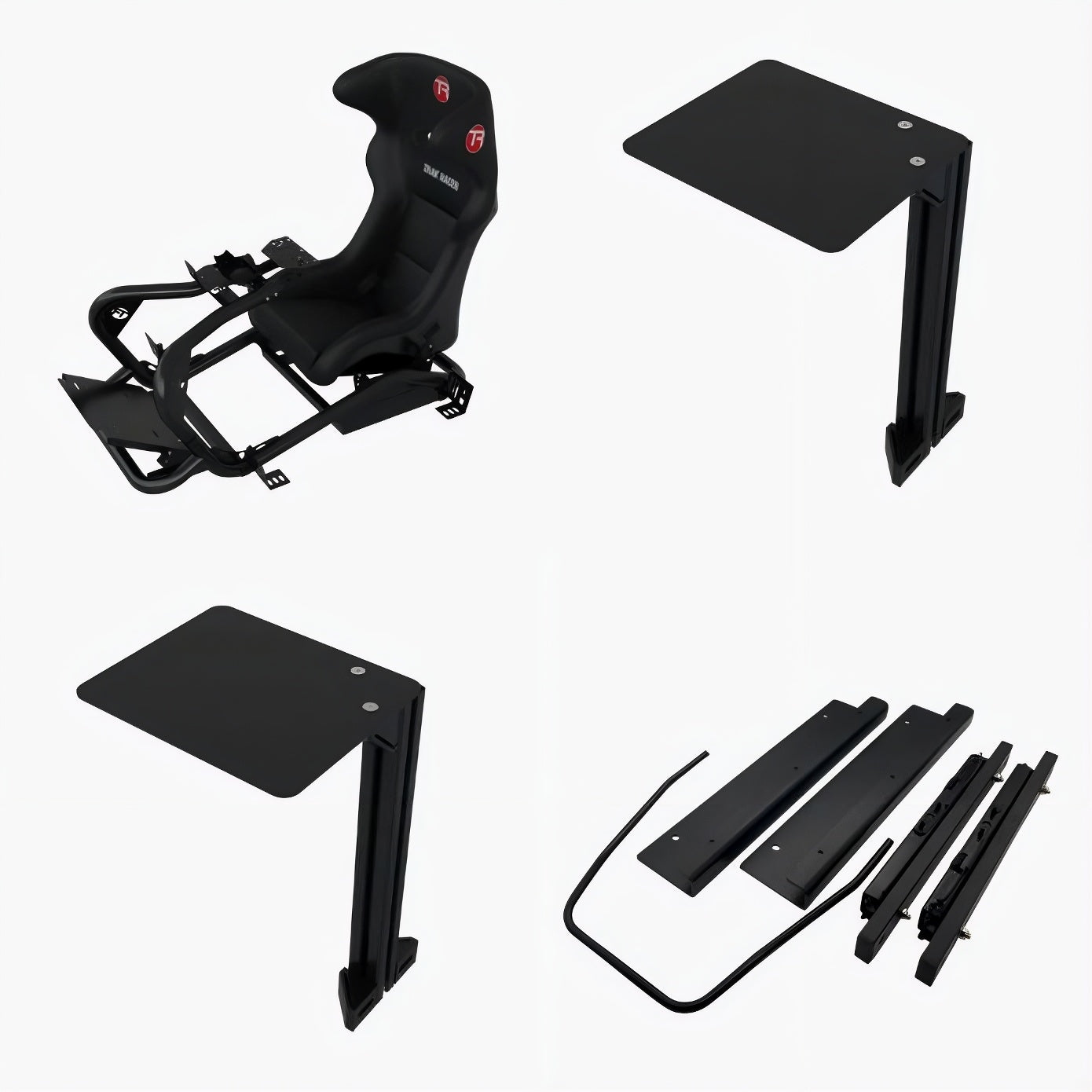 Trak Racer sim racing cockpit with wheel mount seat pedal hardware and monitor accessories