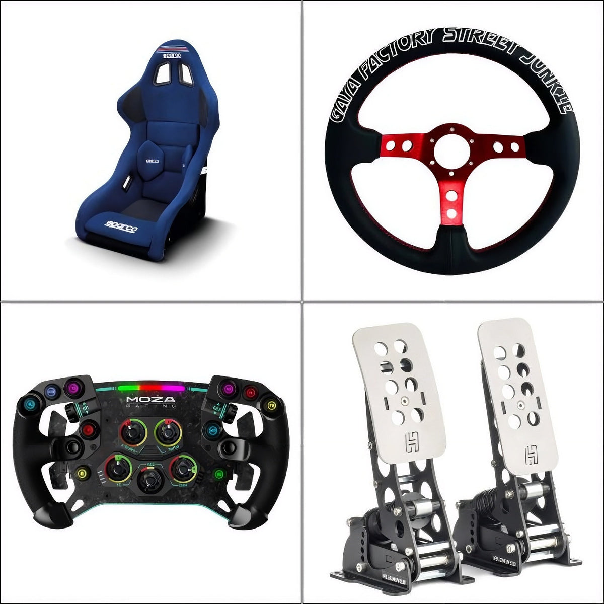 Sim racing cockpit with steering wheel, pedals and racing seat showing different upgrade options for a complete rig.