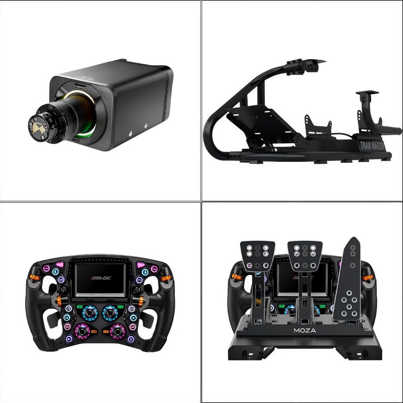 Home sim racing setup with Trak Racer RS6 cockpit, Simagic Alpha EVO Sport wheel base and MsOZA CRP pedals assembled from Apex300