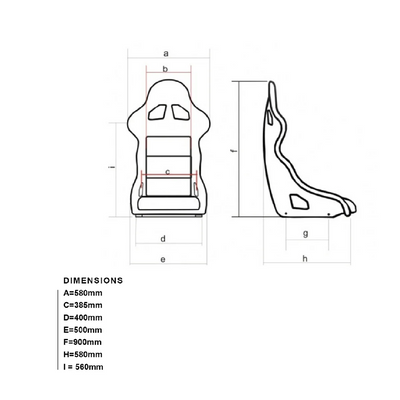 Dimension drawing for the Artisans of Speed C1 Cold Fusion sim racing seat in millimetres