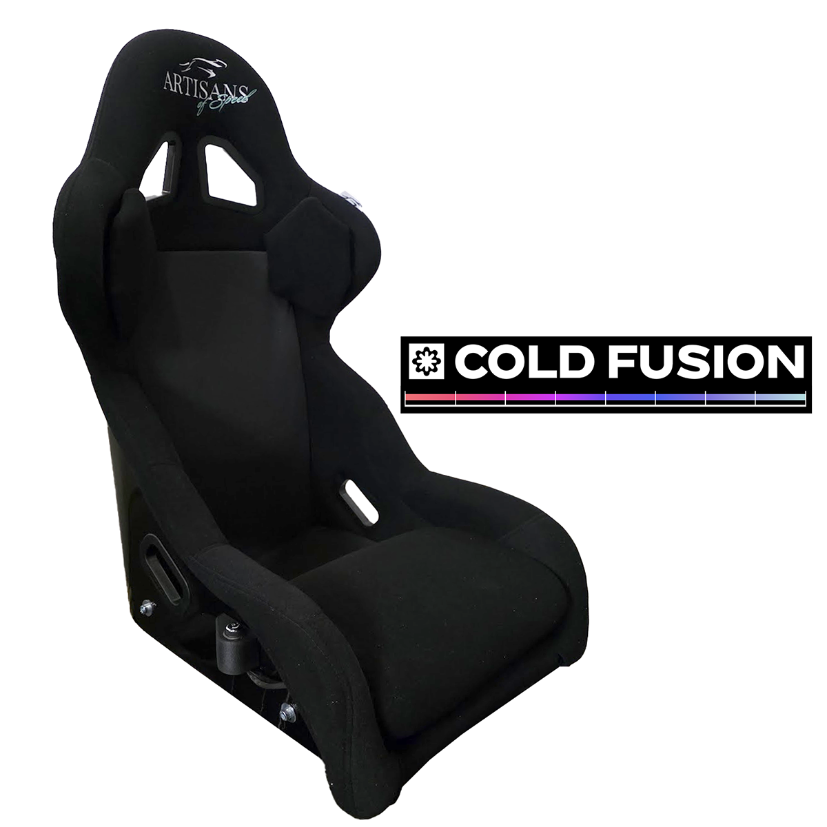 Artisans of Speed C1-XL Cold Fusion sim racing seat in black velvet, three-quarter view