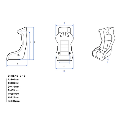 Dimension drawing for the Artisans of Speed C2 Cold Fusion sim racing seat in millimetres